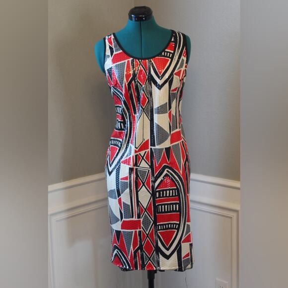 Joseph Ribkoff Art Deco Red, White, Black Geometric Shift Dress– Women’s Size 10 - Picture 1 of 4